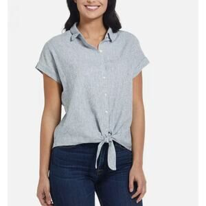 Weatherproof‎ Women Size Medium Linen Blue Striped Button Up Tie Shirt